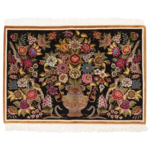 Handgeknoopt Perzisch Tabriz Nava Tapijt (Elegant Vase Design) – Zwarte Zijde & Korkwol