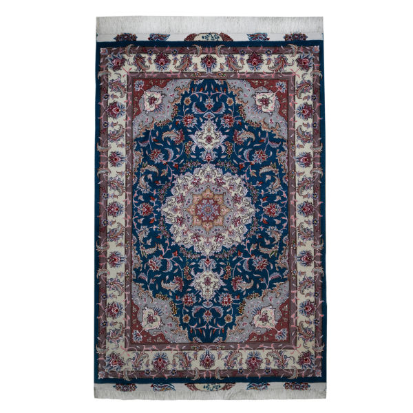 Handgeknoopt Perzisch Tabriz Tapijt (Klassiek Bloemenmedaillon) – Blauwe Wol