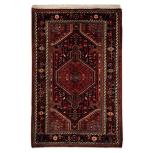 Handgeknoopt Perzisch Hamadan Tapijt (Geometrisch Medaillon) – Marineblauw & Rode Wol