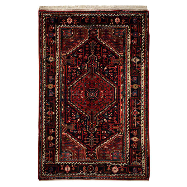 Handgeknoopt Perzisch Hamadan Tapijt (Geometrisch Medaillon) – Marineblauw & Rode Wol
