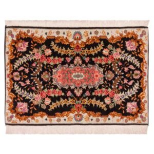 Handgeknoopt Perzisch Tabriz Tapijt (Lachak Toranj Bloemenmedaillon) – Zwarte Zijde & Wol