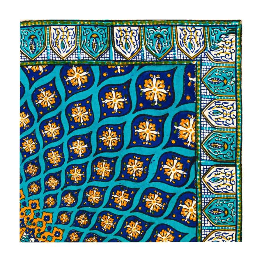 Iraans Tafelkleed: Traditionele Kalamkari Blokdruk uit Isfahan, Blauw Sterrenstelsel
