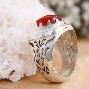 Perzische Jemenitische aqeeq zilveren ring voor heren, rood