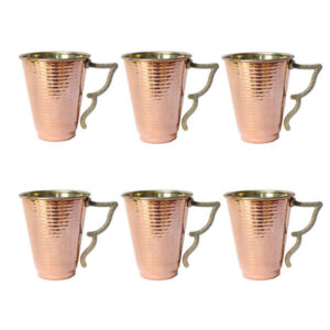 Perzisch Koperen Beker – Set van 6, Handgemaakt met Handvat voor Koude Dranken – Gehamerd Azari