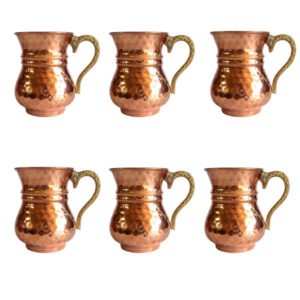 Perzisch Koperen Beker – Set van 6, Handgemaakt met Handvat voor Koude Dranken – Gehamerd Heart