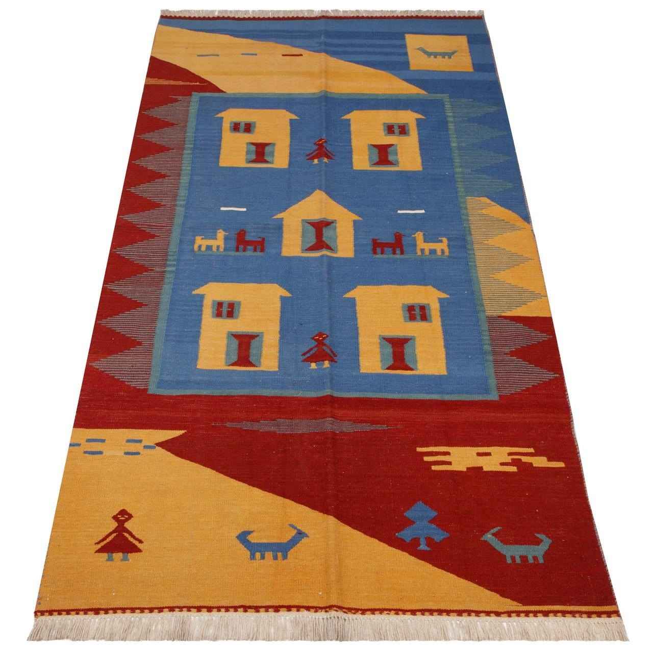 Perzische Qajari Kelim in blauw, diermotieven uit Fars