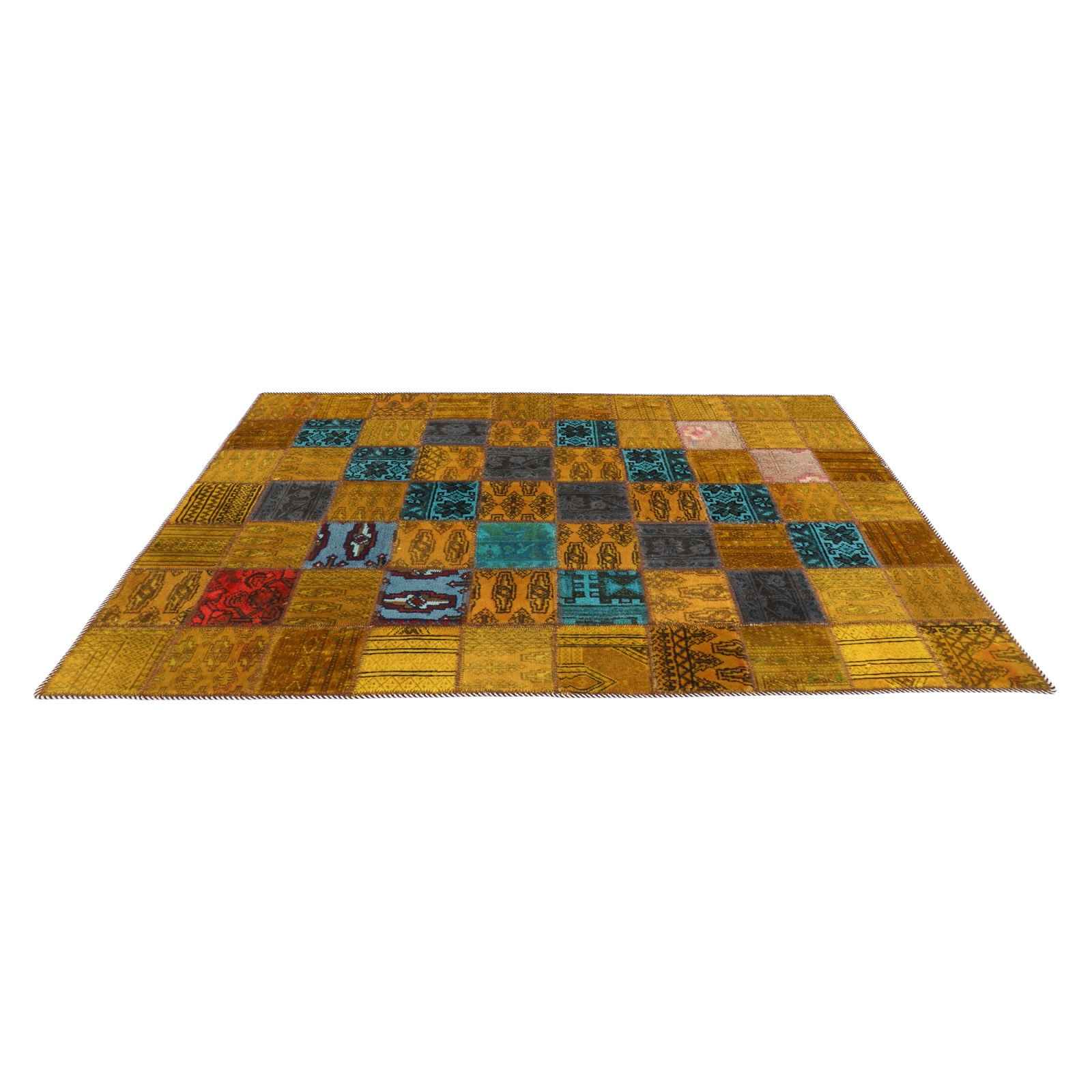 Vintage Patchwork Tapijt Gouden – Handgeknoopt Wol