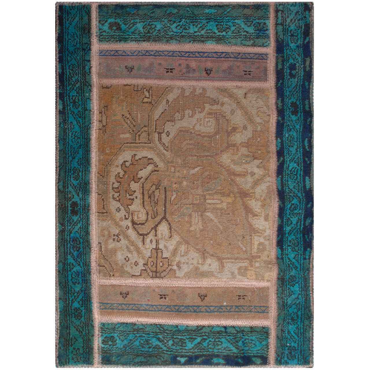 Vintage Patchwork Tapijt Blauw – Geometrisch Wol