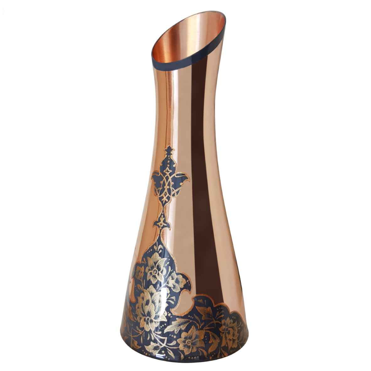 Handgemaakte decokoperen vaas met hamerafwerking, Rosedis-model met een modern cilindrisch silhouet en bloemenontwerp