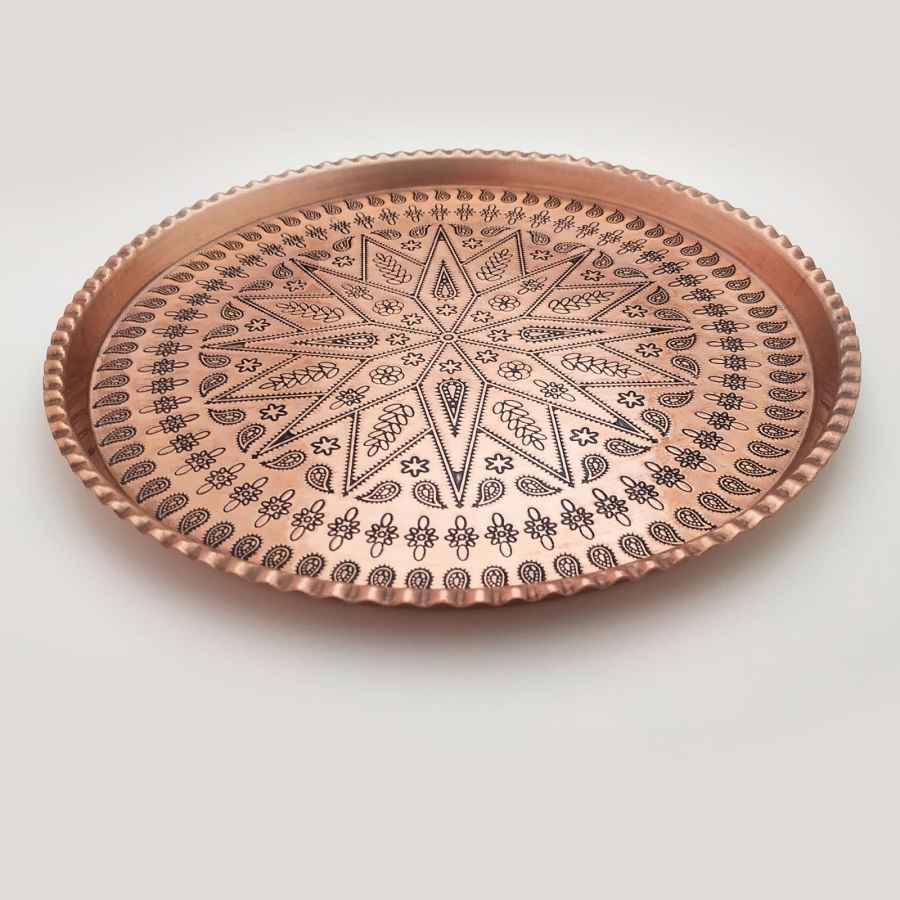 Perzisch Rosegold koperen serveerblad – Premium handgegraveerd geometrisch dienblad
