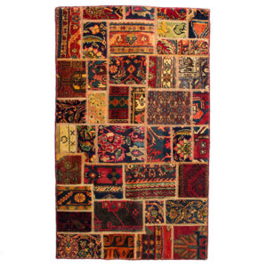 Vintage Perzisch Handgeknoopt Patchwork Tapijt Geel