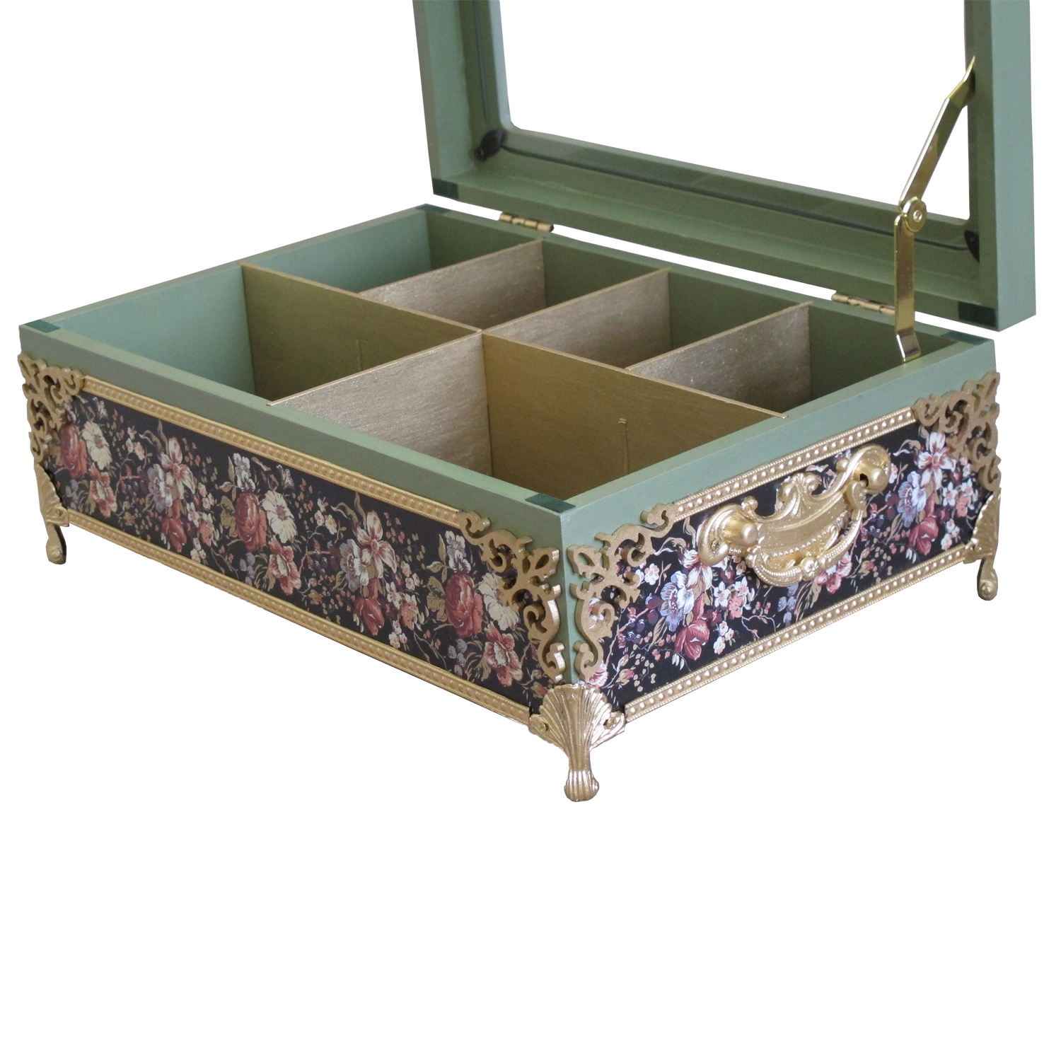 Blauwe Accenten Thee-Organizer Doos – Houten box met vakken