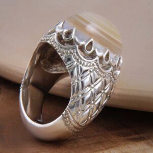 Perzische Sulemani Hakik Ring — Heren — Sterling Zilver — Crème Agaat