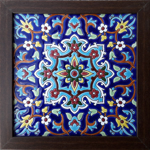 Decoratieve Perzische Ingelijste Keramische Tegel – Blauw