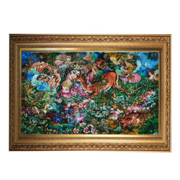 Handgeknoopte Perzische Wandtapijt uit Tabriz met Existentie Miniatuur Afbeelding
