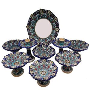 Donkerblauwe Emaille Haft-sin Set voor Nowruz (Minakari)