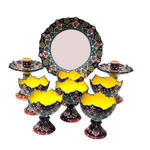 Gele Emaille Haft-sin Set voor Nowruz (Minakari)