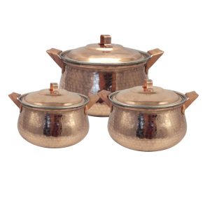 Iraanse Koperen Pannenset – Gehamerd design (3-delige set kookpannen, Hiva)