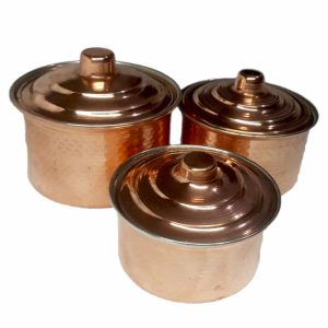 Iraanse Koperen Pannenset – Gehamerd design (3-delige set kookpannen, Hivana)