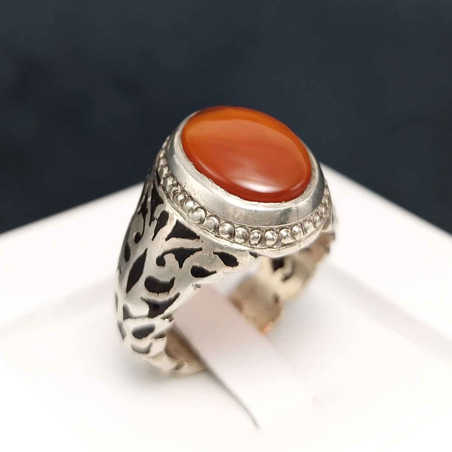 Perzische Jemenitische aqeeq zilveren ring voor heren, Hasti