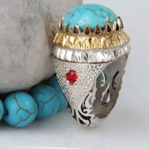Perzische Zilveren Ring voor Mannen met Neyshabur Turquoise Golden