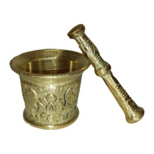 Messing Vijzel & Stamper met Traditioneel Perzisch Bloemmotief Golden