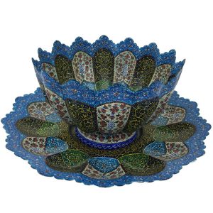 Decoratieve koperen kom & bord handbeschilderd met Perzisch Minakari-emaille Sun