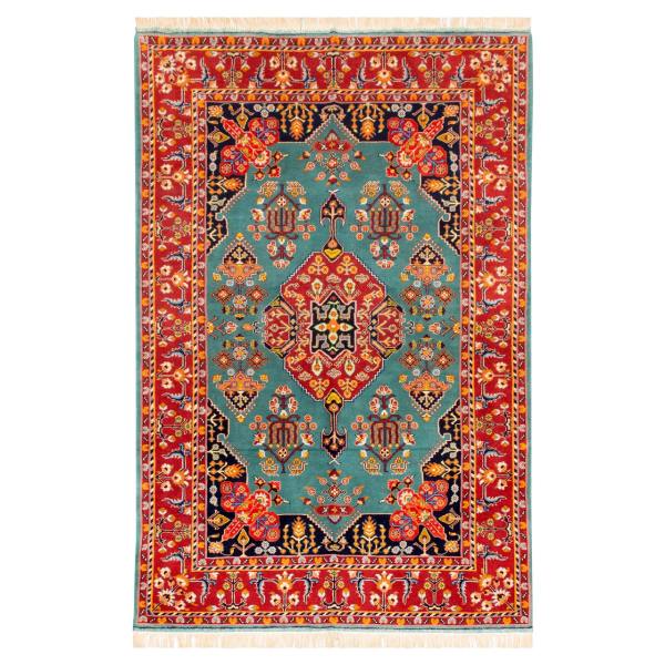Handgeknoopt Perzisch Bojnourd Tapijt (Klassiek Bloemenmedaillon) – Turquoise Zijde & Wol