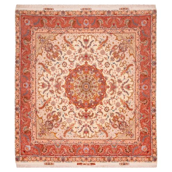 Handgeknoopt Perzisch Tabriz Dina Tapijt (Klassiek Bloemenmedaillon) – Crème Zijde & Wol