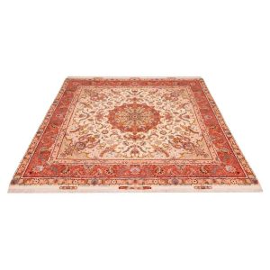 Handgeknoopt Perzisch Tabriz Dina Tapijt (Klassiek Bloemenmedaillon) – Crème Zijde & Wol