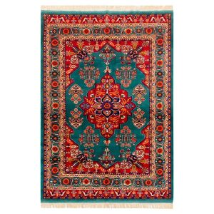 Handgeknoopt Perzisch Bojnourd Tabin Tapijt (Bloemenmedaillon) – Turquoise Zijde & Wol