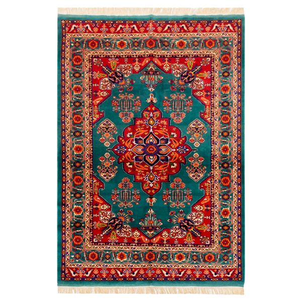 Handgeknoopt Perzisch Bojnourd Tabin Tapijt (Bloemenmedaillon) – Turquoise Zijde & Wol