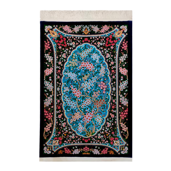 Handgeknoopt Perzisch Qom Behesht Tapijt (Elegant Bloemenpatroon) – Turquoise Korkwol