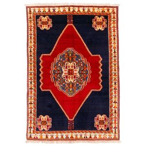 Handgeknoopt Perzisch Shiraz Rokh Tapijt (Qashqai Bloemenmedaillon) – Marineblauwe Wol