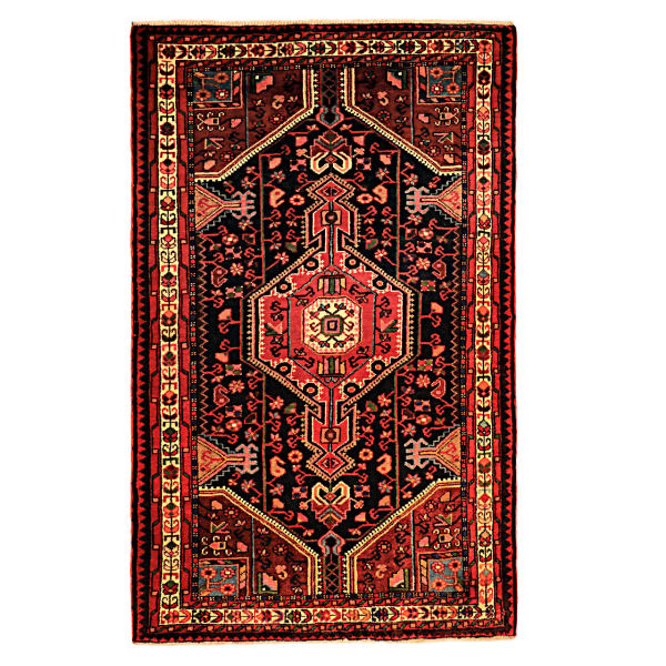 Handgeknoopt Perzisch Hamadan Black Lajack Tapijt (Tribaal Geometrisch Medaillon) – Zwarte Wol