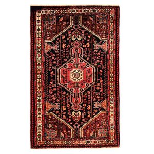 Handgeknoopt Perzisch Hamadan Black Lajack Tapijt (Tribaal Geometrisch Medaillon) – Zwarte Wol
