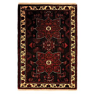 Handgeknoopt Perzisch Hamadan Black Toranj Tapijt (Tribaal Geometrisch Medaillon) – Zwart & Rode Wol