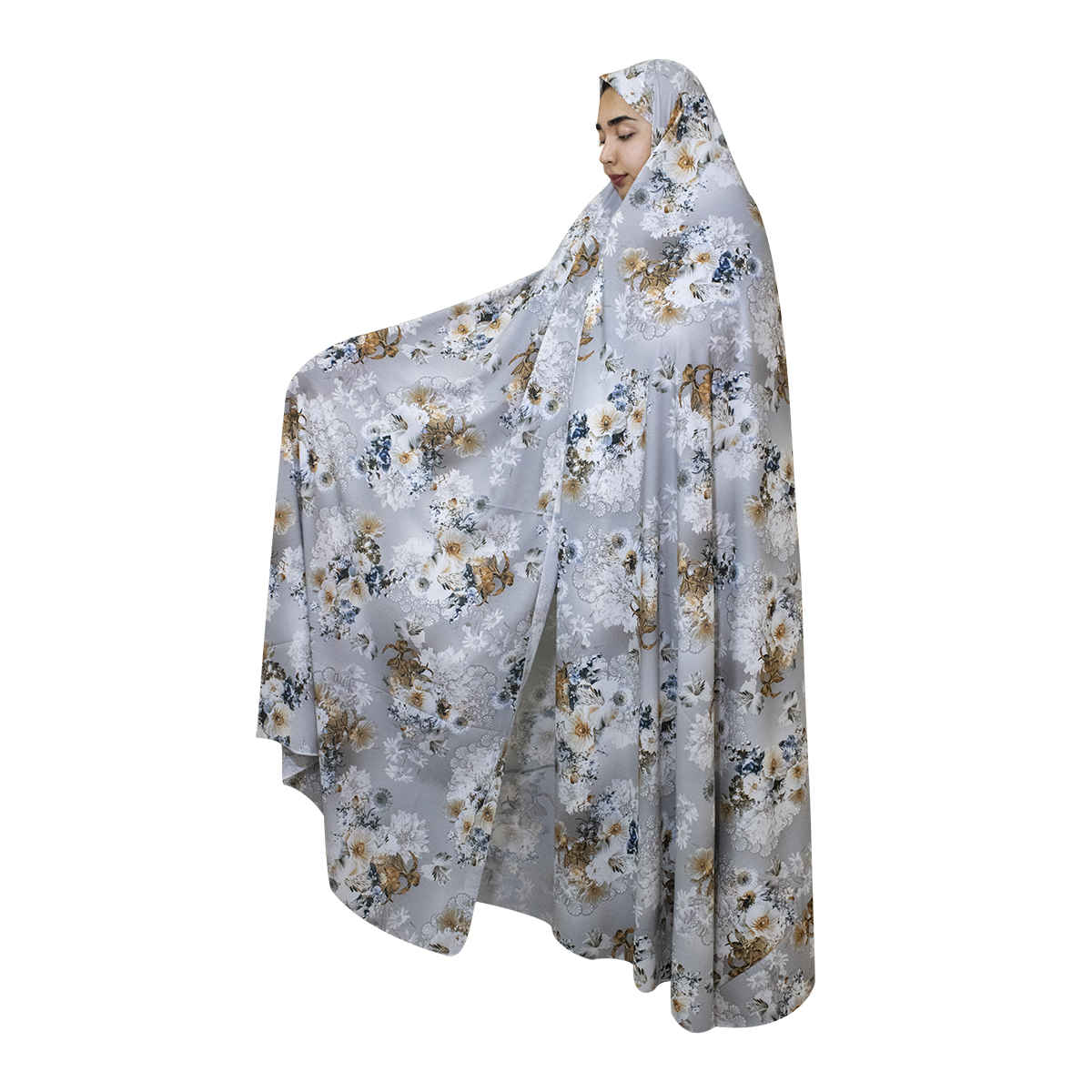 Islamitische jurk met witte bloemen – Lange volledige gebedshijab