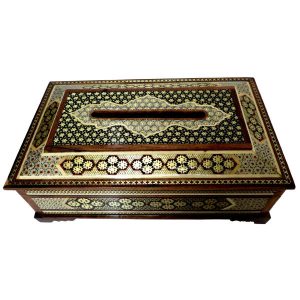 Handgemaakte Perzische Houten Tissue Box Cover – Khatamkari Goud