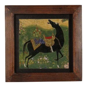 Decoratieve Perzische Ingelijste Tegel – Shahnameh Geïnspireerd Patroon: Zwart Paard