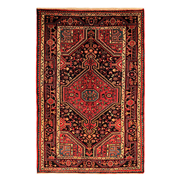 Handgeknoopt Perzisch Hamadan Bisheh Tapijt (Geometrisch Medaillon) – Rode Wol