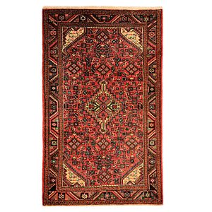 Handgeknoopt Perzisch Hamadan Nima Tapijt (Tribaal Geometrisch Medaillon) – Rode Wol