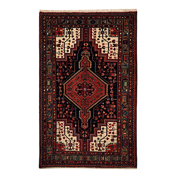 Handgeknoopt Perzisch Hamadan Arami Tapijt (Tribaal Geometrisch Medaillon) – Bruin & Rode Wol