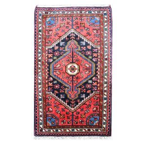 Handgeknoopt Perzisch Hamadan Flowers Tapijt (Geometrisch Medaillon) – Rode Wol