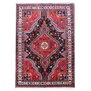 Handgeknoopt Perzisch Hamadan Sima Tapijt (Geometrisch Medaillon) – Rode Wol