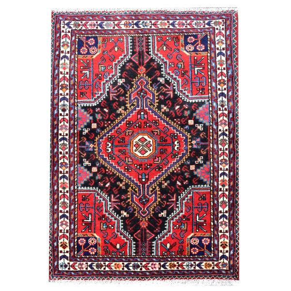 Handgeknoopt Perzisch Hamadan Sima Tapijt (Geometrisch Medaillon) – Rode Wol