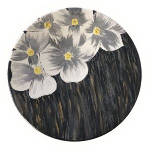Decoratief Keramisch Bord Handbeschilderde Witte Bloemen & Donkergrijs