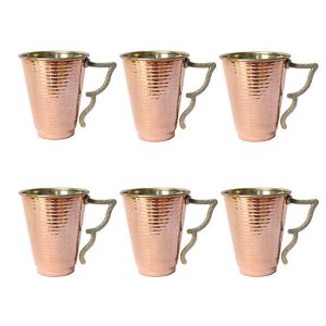 Perzische Koperen Beker – Set van 6 Handgemaakt met Handvat voor Koude Dranken – Gehamerd Bahari