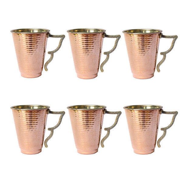 Perzische Koperen Beker – Set van 6 Handgemaakt met Handvat voor Koude Dranken – Gehamerd Bahari