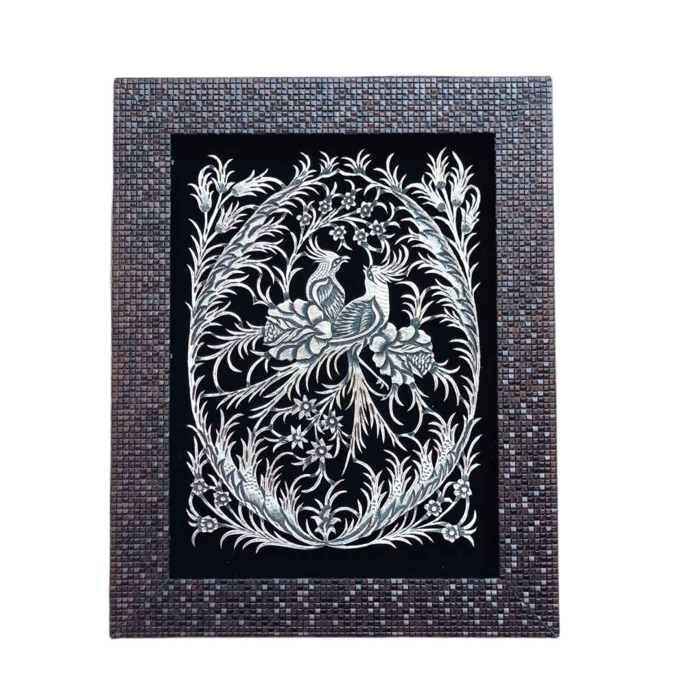 Handgemaakte Ingelijste Perzische Gegraveerde Koperen Kunst Bloem & Vogel – Traditionele Muurdecoratie